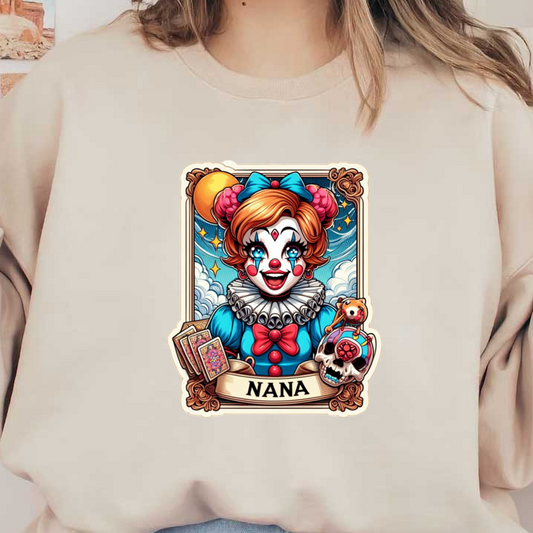 Una vibrante ilustración de payaso llamada "Nana", que presenta imágenes de tarjetas divertidas, una calavera y una expresión alegre y caprichosa.