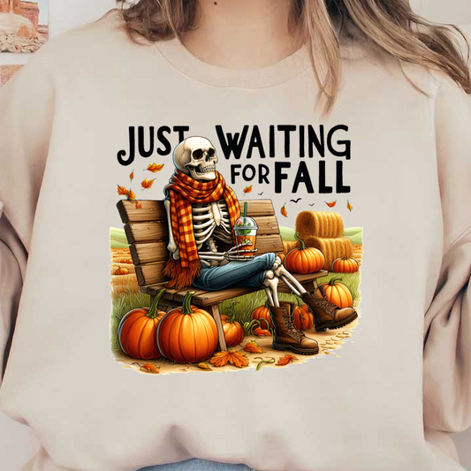 A whimsical skeleton in a cozy scarf lounges on a bench among pumpkins and hay bales, eagerly awaiting fall. dtf prints