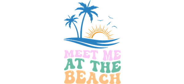 Gráfico colorido con palmeras, sol y la divertida frase "Nos vemos en la playa". ¡Perfecto para los amantes de la playa! Transferencias UV