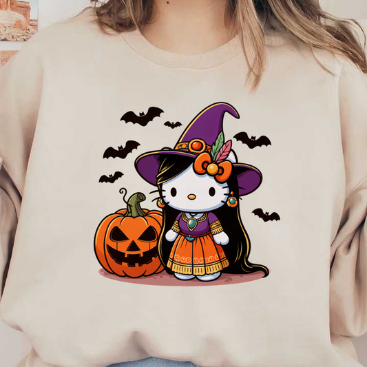 This adorable Halloween-themed character features a witch outfit with a purple hat, alongside a carved jack-o'-lantern.DTF Transfers