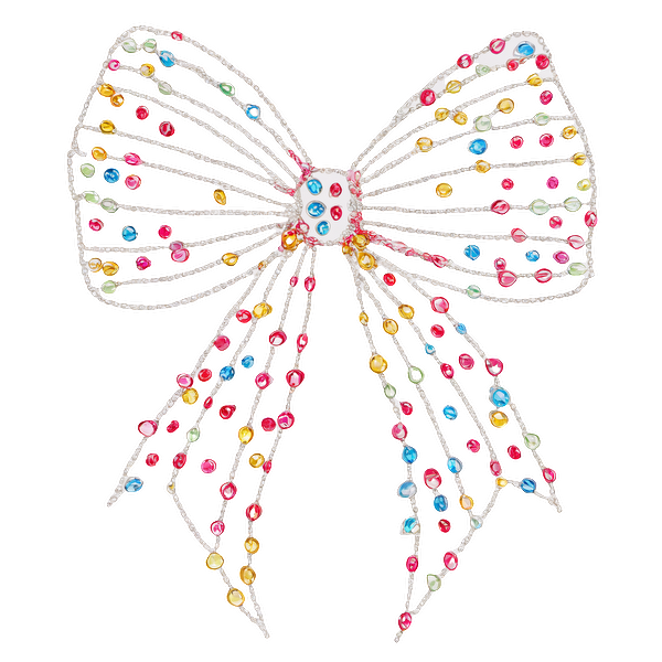 A colorful jeweled bow with radiant patterns, featuring vibrant pink, blue, and yellow stones, perfect for festive occasions. dtf prints