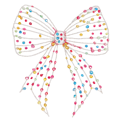 A colorful jeweled bow with radiant patterns, featuring vibrant pink, blue, and yellow stones, perfect for festive occasions. dtf prints