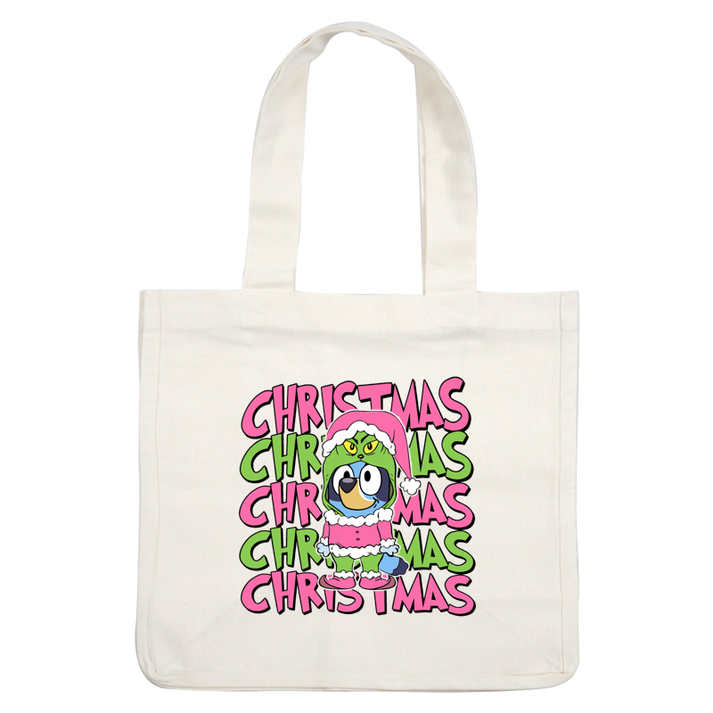 A cheerful cartoon character dressed as a Christmas Grinch, surrounded by colorful "Christmas" text in pink and green.DTF Transfers heat press transfers heat press transfers