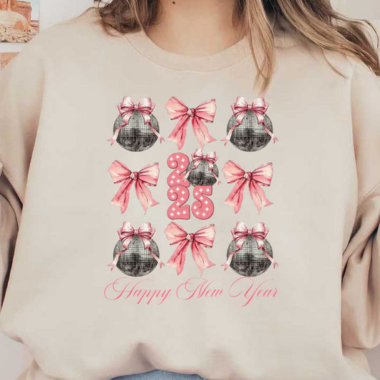 Celebrate the New Year with a charming design featuring pink bows, disco balls, and festive elements showcasing "2025."DTF Transfers dtf prints