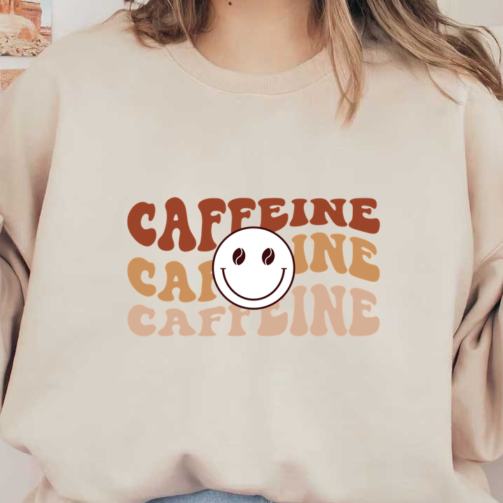 Fun and vibrant graphic featuring the word "Caffeine" in playful, colorful typography with a cheerful smiley face and coffee beans. dtf prints