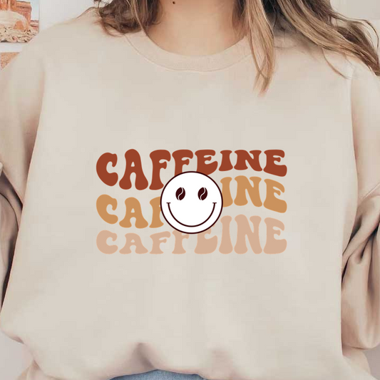 Gráfico divertido y vibrante que presenta la palabra "Cafeína" en una tipografía divertida y colorida con una carita sonriente alegre y granos de café.