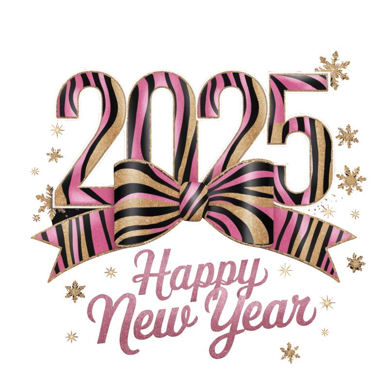 Celebrate the arrival of 2025 with this festive "Happy New Year" graphic featuring stylish pink, black, and gold design elements!DTF Transfers