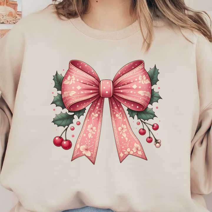 A charming pink decorative bow adorned with floral patterns and accompanied by holly leaves and berries, perfect for festive occasions. dtf transfers