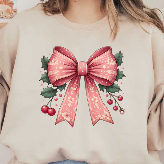 A charming pink decorative bow adorned with floral patterns and accompanied by holly leaves and berries, perfect for festive occasions. dtf transfers