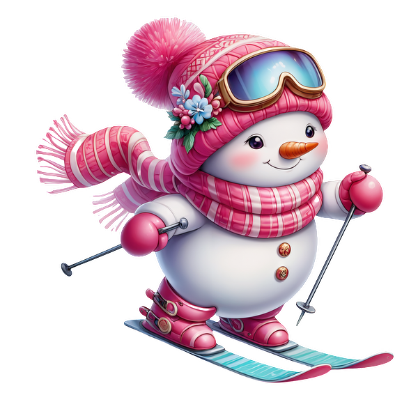 Este extravagante muñeco de nieve está listo para esquiar, equipado con una bufanda rosa, gafas y equipo de esquí de color rosa brillante.