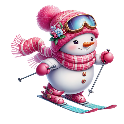 Este extravagante muñeco de nieve está listo para esquiar, equipado con una bufanda rosa, gafas y equipo de esquí de color rosa brillante.