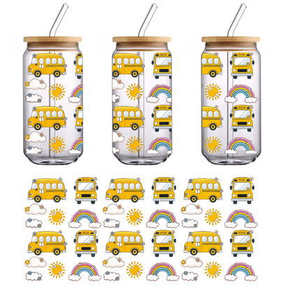 A cheerful pattern featuring colorful yellow school buses, bright suns, fluffy clouds, and vibrant rainbows for a playful touch.UV Transfersdtf regular iron