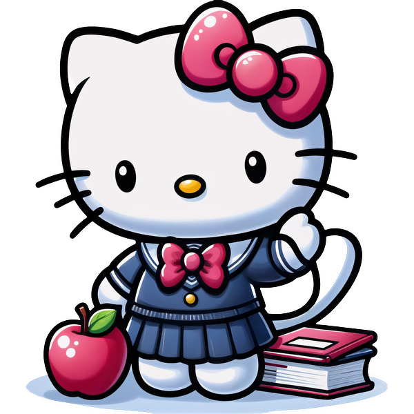 Hello Kitty is dressed in a cute school uniform, holding an apple with books nearby, exuding a cheerful, playful vibe.DTF Transfers dtf prints