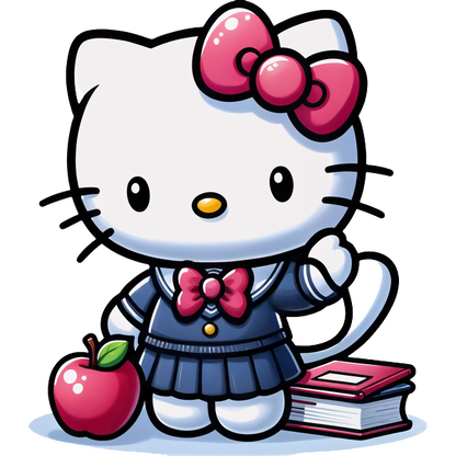 Hello Kitty is dressed in a cute school uniform, holding an apple with books nearby, exuding a cheerful, playful vibe.DTF Transfers dtf prints