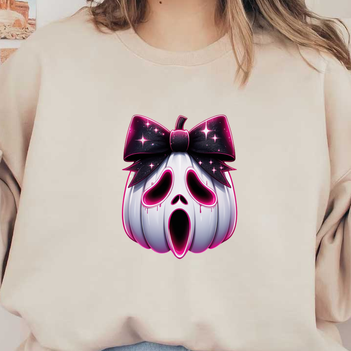 A spooky yet stylish pumpkin featuring a ghostly face and adorned with a shimmering black bow, perfect for Halloween! dtf prints