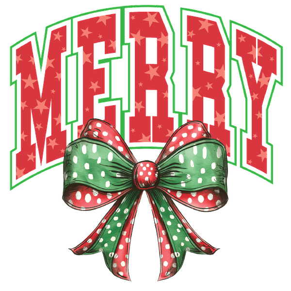 A festive design featuring the word "MERRY" in red with star patterns, topped with a green and red polka-dotted bow. heat press transfers