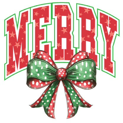 A festive design featuring the word "MERRY" in red with star patterns, topped with a green and red polka-dotted bow. heat press transfers