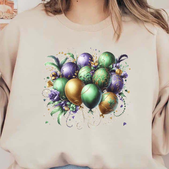 A vibrant arrangement of decorative balloons in shades of green, purple, and gold, accented with floral elements and elegant designs.DTF Transfers