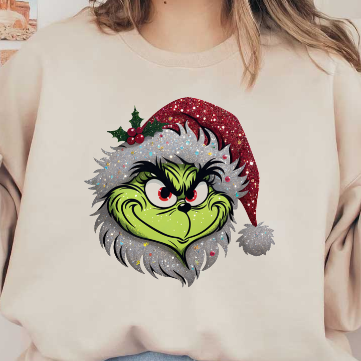 Cheerfully whimsical illustration of the Grinch wearing a festive red and silver Santa hat, adorned with holly and sparkling details.DTF Transfers dtf prints