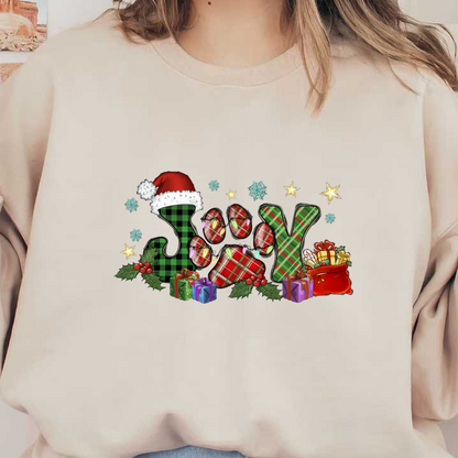 Festive design featuring the word "Joy" adorned with plaid patterns, Christmas gifts, holly, snowflakes, and a Santa hat.DTF Transfersdtf regular iron dtf transfers