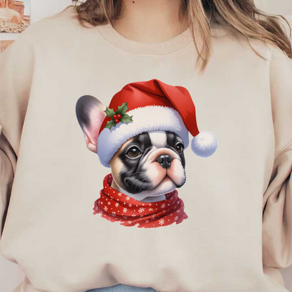 ¡Un bulldog francés festivo con un gorro de Papá Noel y una bufanda roja adornada con copos de nieve blancos, perfecto para el espíritu navideño!