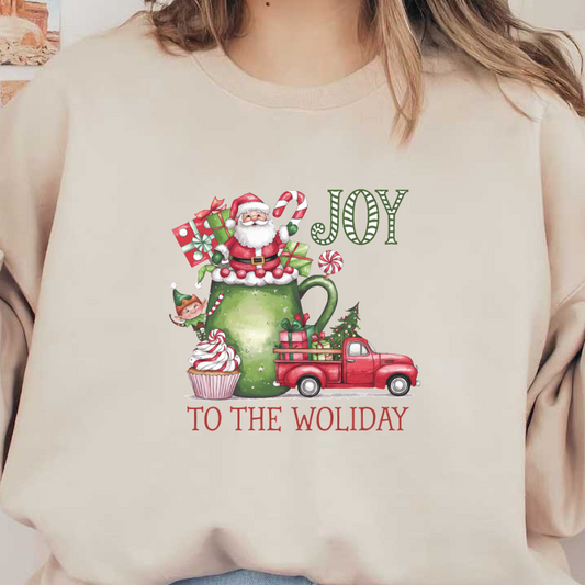 A festive design featuring Santa, an elf, a red truck, and holiday treats, celebrating joy during the season. heat press transfers