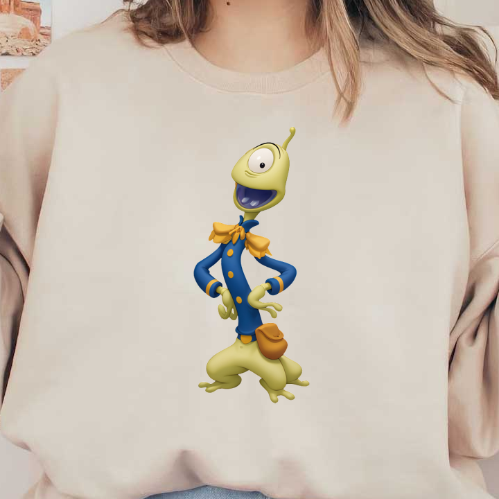 This whimsical cartoon character features a green alien with a large smile, dressed in a blue coat and yellow accents.DTF Transfers