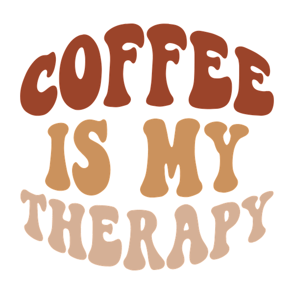 Un diseño divertido que presenta la frase "El café es mi terapia" en letras coloridas de estilo retro.