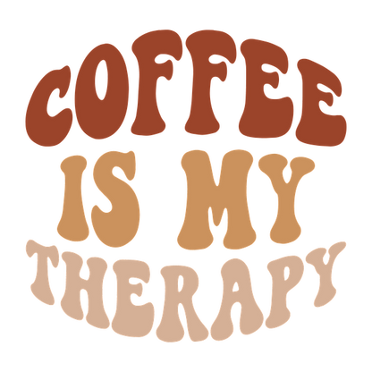 Un diseño divertido que presenta la frase "El café es mi terapia" en letras coloridas de estilo retro.