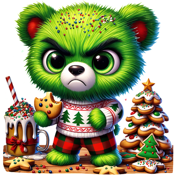 Meet the adorable yet grumpy green teddy bear, dressed in a festive sweater, holding a cookie beside holiday treats!DTF Transfers dtf transfers