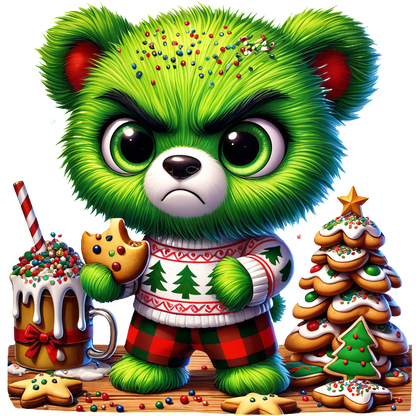 Meet the adorable yet grumpy green teddy bear, dressed in a festive sweater, holding a cookie beside holiday treats!DTF Transfers dtf transfers