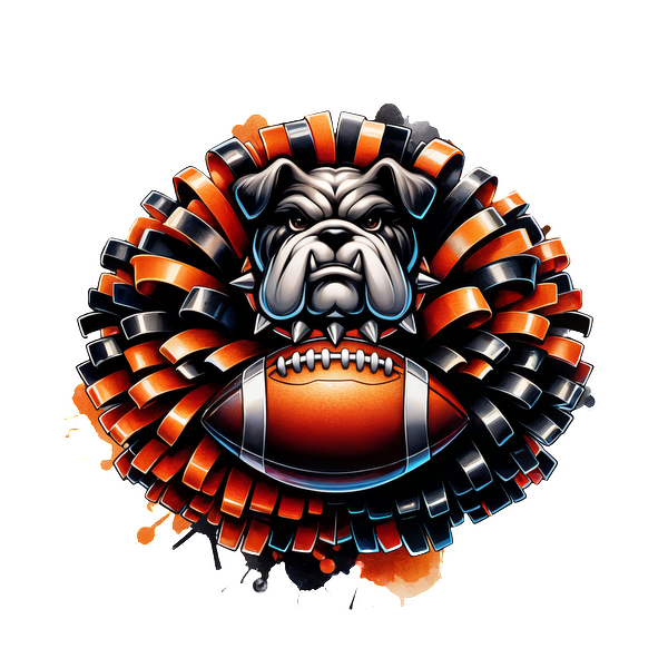 Una llamativa ilustración que presenta un bulldog rodeado de un diseño vibrante en negro y naranja, con un balón de fútbol en el centro. Transferencias DTF