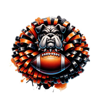 Una llamativa ilustración que presenta un bulldog rodeado de un diseño vibrante en negro y naranja, con un balón de fútbol en el centro. Transferencias DTF