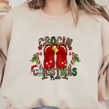 Festive and fun, this design features bold "Crocs" alongside candy canes, a Christmas tree, and holiday decorations!DTF Transfersdtf regular iron dtf prints