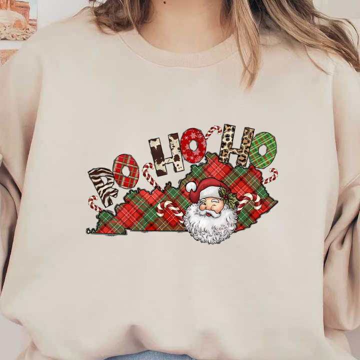 A festive illustration featuring Santa Claus with playful "Ho Ho Ho" text and a vibrant plaid background, perfect for holiday cheer.DTF Transfers dtf transfers