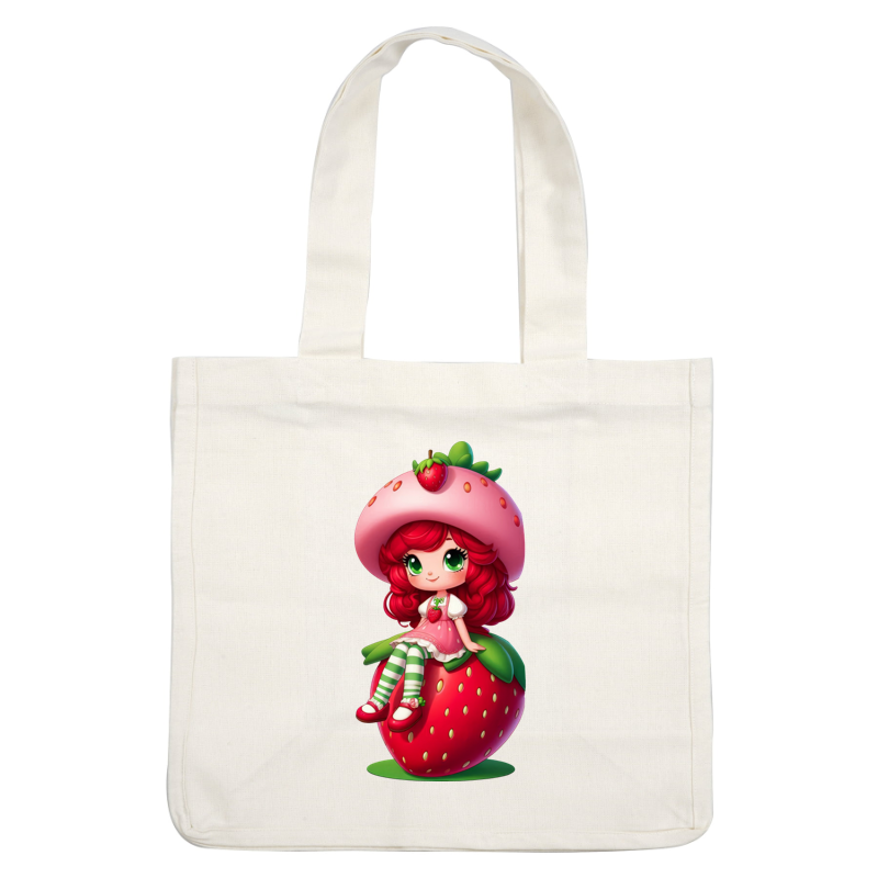 Meet a cute, strawberry-themed character with vibrant red hair, a sweet hat, and adorable striped stockings, sitting on a giant strawberry!DTF Transfers