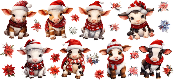 A cheerful collection of adorable calves in festive Santa hats and scarves, perfect for holiday cheer and decoration!UV Transfers dtf prints