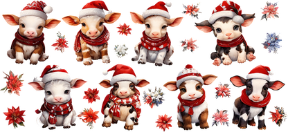 A cheerful collection of adorable calves in festive Santa hats and scarves, perfect for holiday cheer and decoration!UV Transfers dtf prints