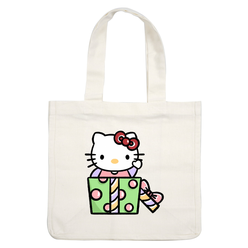 Hello Kitty peeks out from a festive, green gift box, adorned with colorful polka dots and a cute pink bow.DTF Transfers