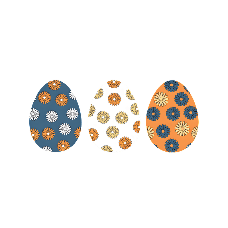 A charming trio of patterned Easter eggs featuring floral designs in vibrant blue, orange, and white colors.DTF Transfers