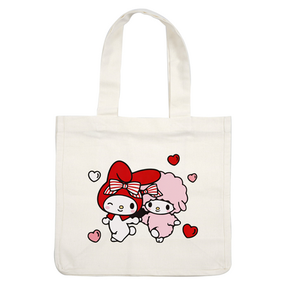 Cute illustration of two kawaii characters, My Melody and companion, surrounded by colorful hearts, radiating joy and friendship.DTF Transfers dtf prints