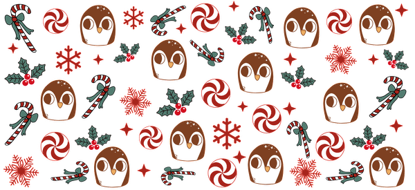 A cheerful holiday pattern featuring cute owl faces, festive candy canes, snowflakes, and vibrant peppermint swirls against a dark backdrop.UV Transfersdtf regular iron