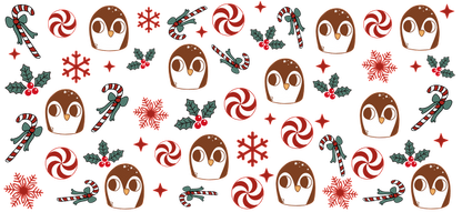 A cheerful holiday pattern featuring cute owl faces, festive candy canes, snowflakes, and vibrant peppermint swirls against a dark backdrop.UV Transfersdtf regular iron