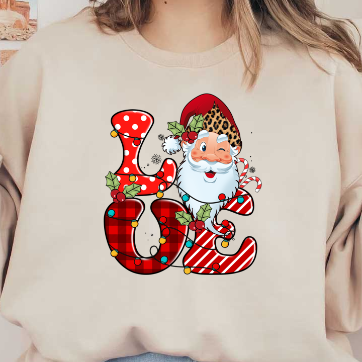 A whimsical Christmas design featuring Santa winking beside the festive word "LOVE," adorned with colorful lights and holly.dtf regular iron