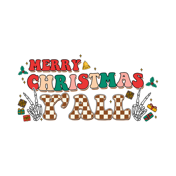 Celebrate the season with this playful "Merry Christmas Y'all" design featuring vibrant colors and festive elements. dtf prints