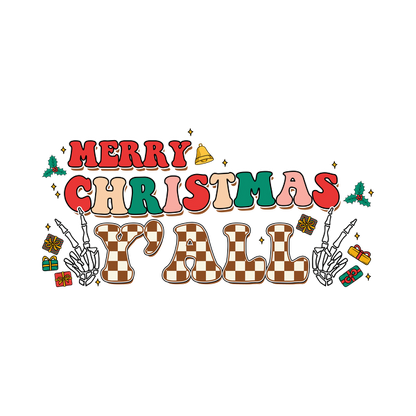 Celebrate the season with this playful "Merry Christmas Y'all" design featuring vibrant colors and festive elements. dtf prints