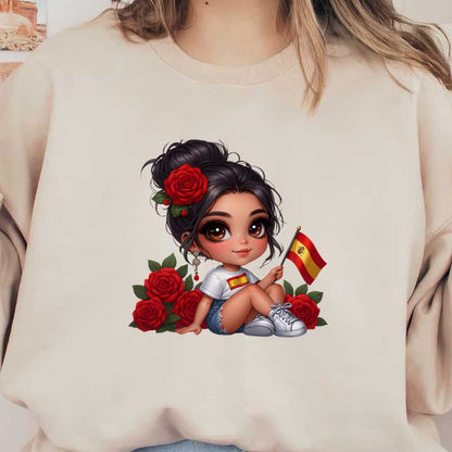 A cute girl with dark hair and big eyes holds a Spanish flag while surrounded by vibrant red roses.DTF Transfers dtf transfers