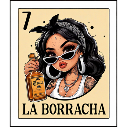 Una ilustración vibrante de una mujer elegante sosteniendo una botella de tequila, etiquetada "La Borracha" con un toque divertido.