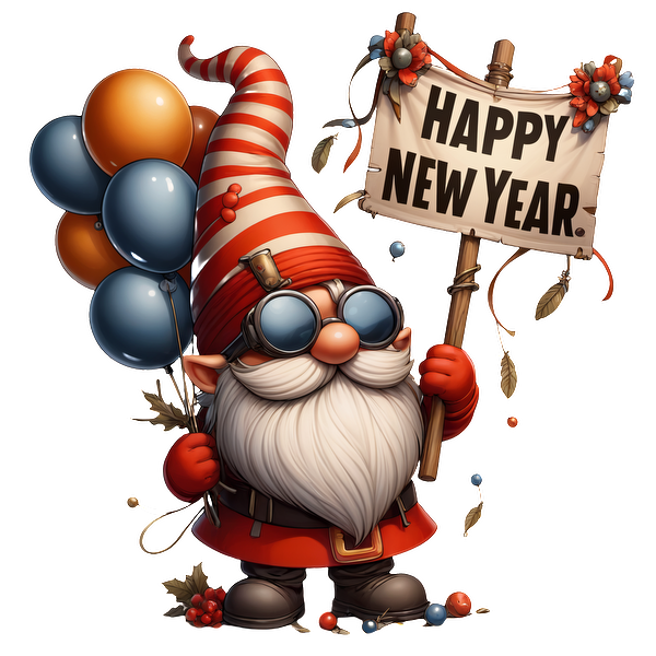 A cheerful gnome in a striped hat holds a "Happy New Year" sign and colorful balloons, celebrating the occasion. dtf transfers