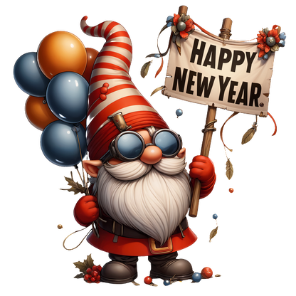 A cheerful gnome in a striped hat holds a "Happy New Year" sign and colorful balloons, celebrating the occasion. dtf transfers